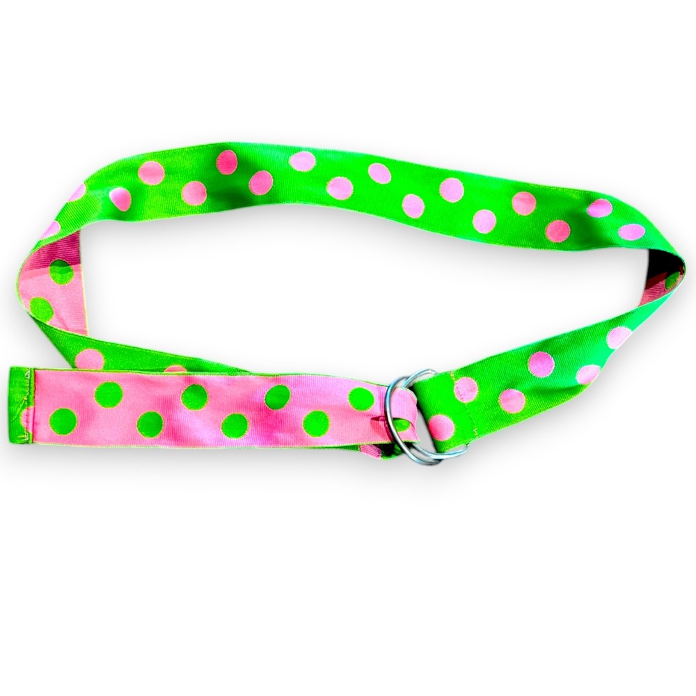 Green Pink Polka Dot Reversible D-Ring Web Belt Preppy Ribbon 39 Inch